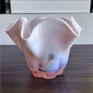 Vintage Duncan Miller Pink Opalescent Glass Ruffled Wave Top Vase